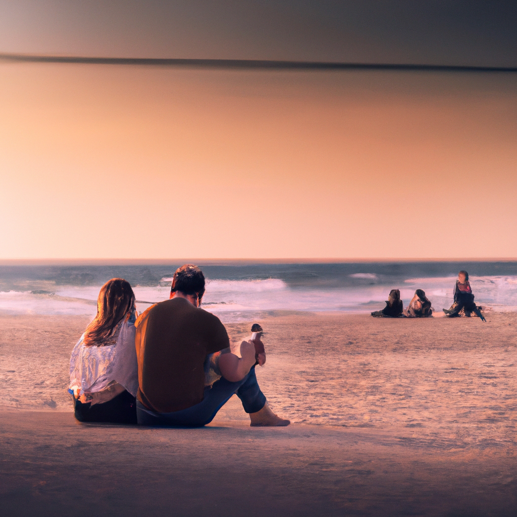 A couple sitting at a beach, having a heartfelt conversation while watching the sunset, exploring ways to rebuild trust after infidelity. Nikon 50 mm f/1.8. No text.. Sigma 85 mm f/1.4. No text.