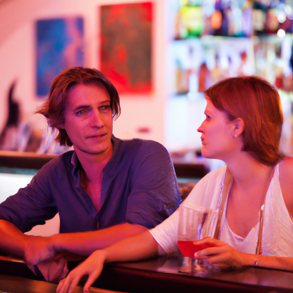 PHOTO: A couple sitting at a bar, engrossed in conversation with new acquaintances. Canon EOS 7D. No text. Sigma 85 mm f/1.4. No text.. Sigma 85 mm f/1.4. No text.