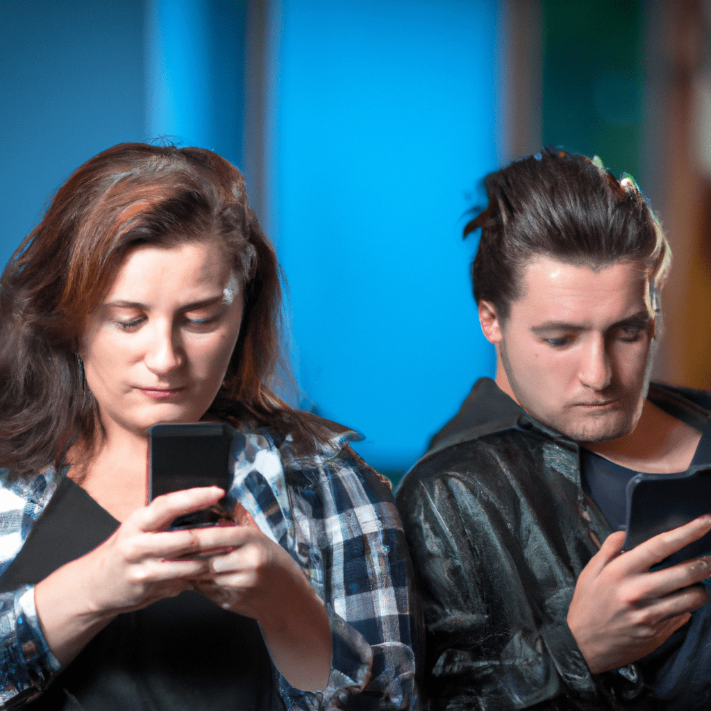 A couple texting on separate phones, with one person looking suspiciously while the other tries to hide their screen [ ].. Sigma 85 mm f/1.4. No text.