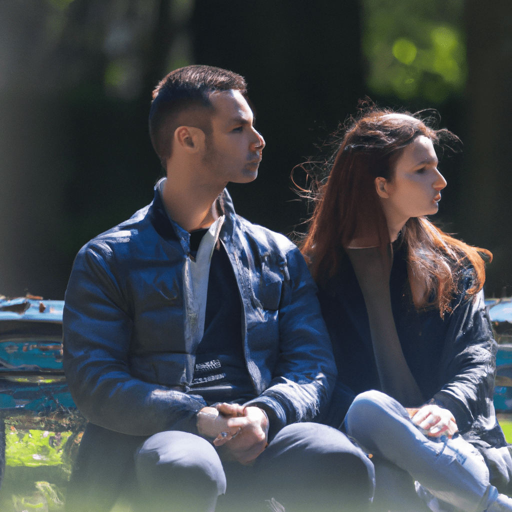 [A couple sitting on a park bench, looking distant and disconnected.]. Sigma 85 mm f/1.4. No text.