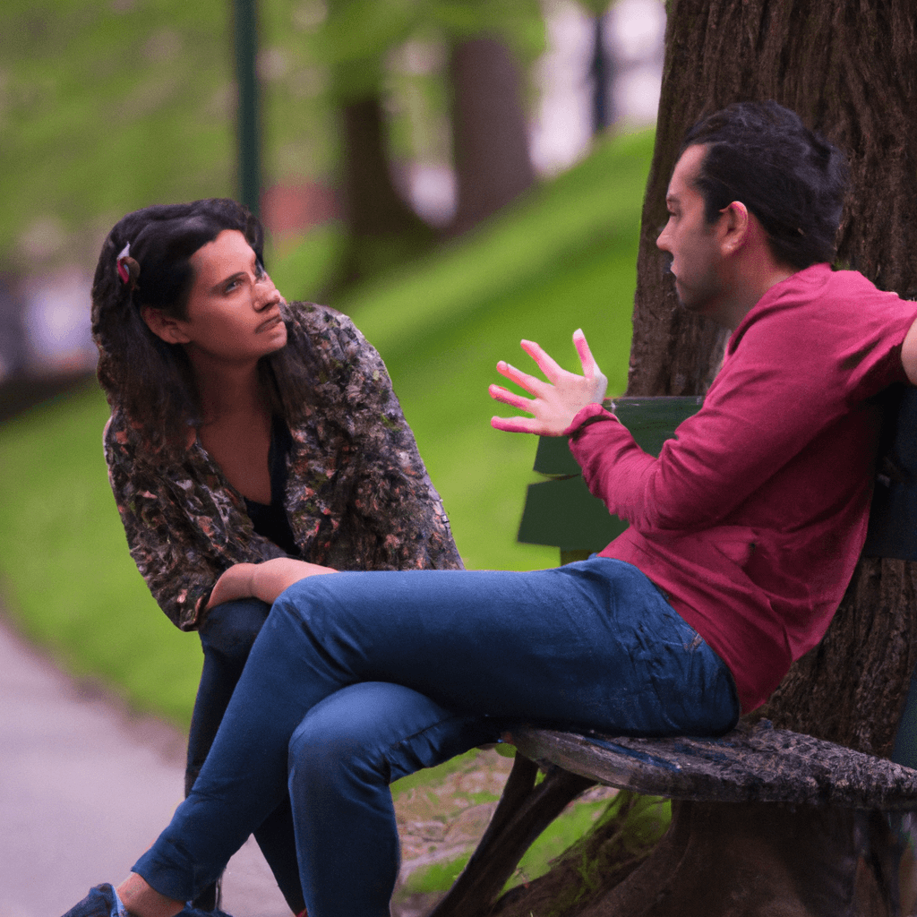 A photo of a couple sitting in a peaceful park, engaged in a deep and honest conversation.. Sigma 85 mm f/1.4. No text.