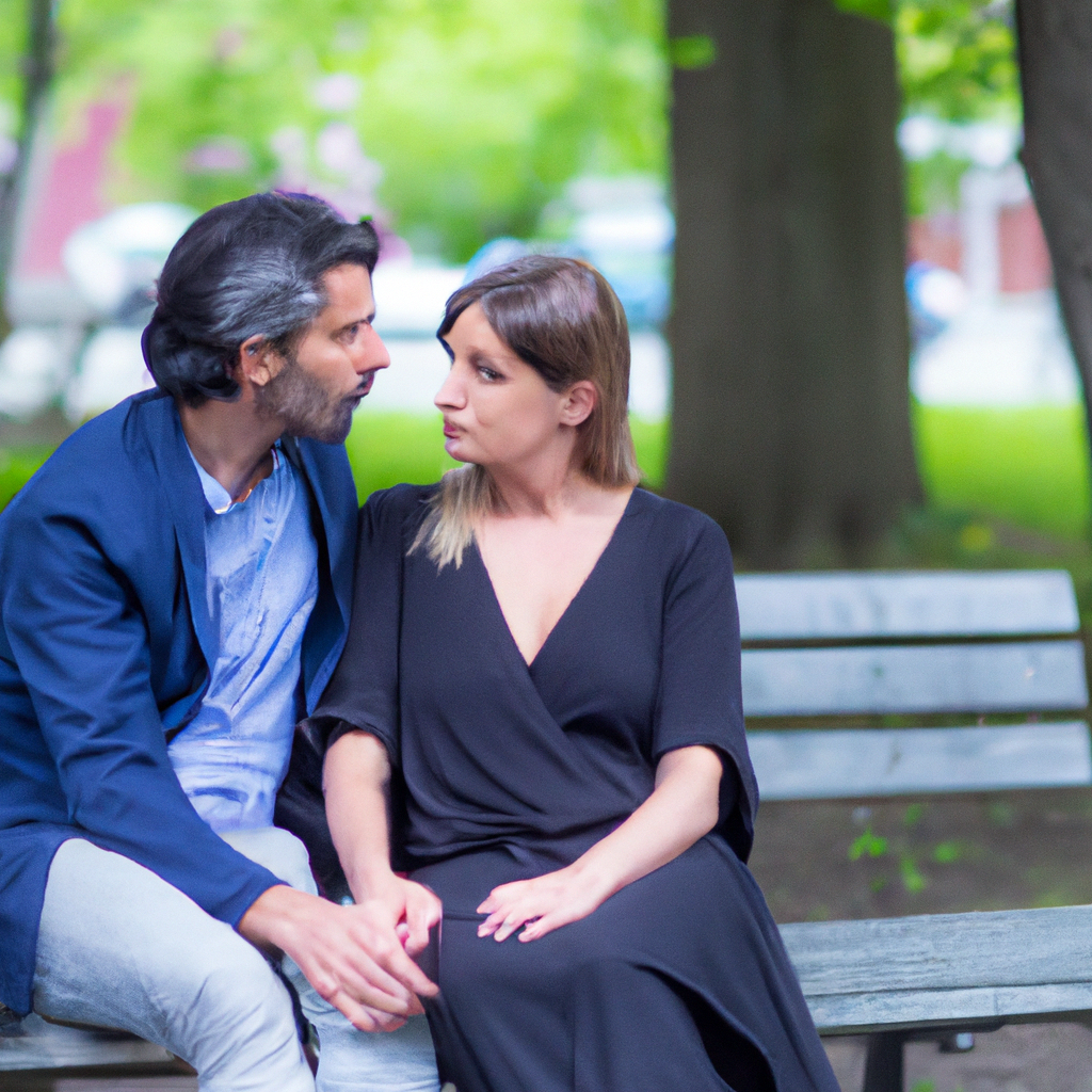 A couple sitting on a park bench, having a heartfelt conversation about their concerns. Canon 50 mm f/1.8.. Sigma 85 mm f/1.4. No text.