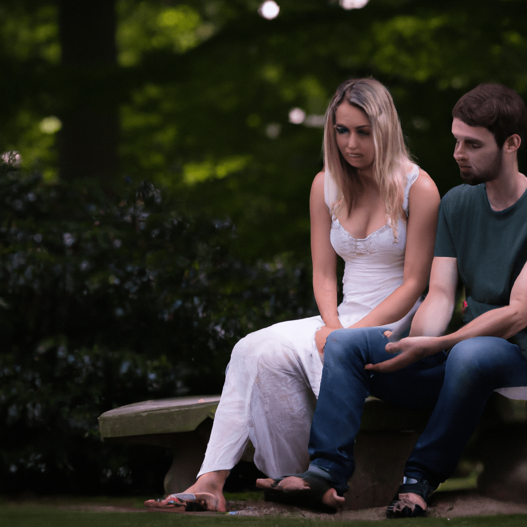 A photo of a couple sitting in a park, looking contemplative and unsure about continuing their relationship.. Sigma 85 mm f/1.4. No text.