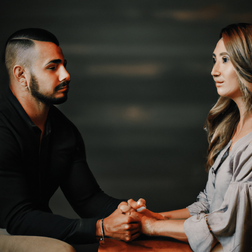 Photo description: A couple sitting together, holding hands, and looking at each other with a sense of forgiveness and trust. The photo captures the journey of forgiveness and rebuilding trust after infidelity, symbolizing a renewed commitment to their relationship.. Sigma 85 mm f/1.4. No text.