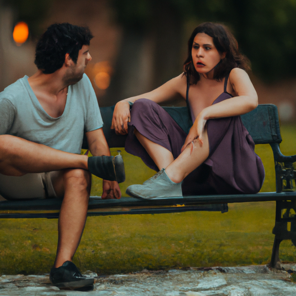 A photo showing a couple having an intense conversation while sitting alone in a park, suggesting emotional infidelity.. Sigma 85 mm f/1.4. No text.