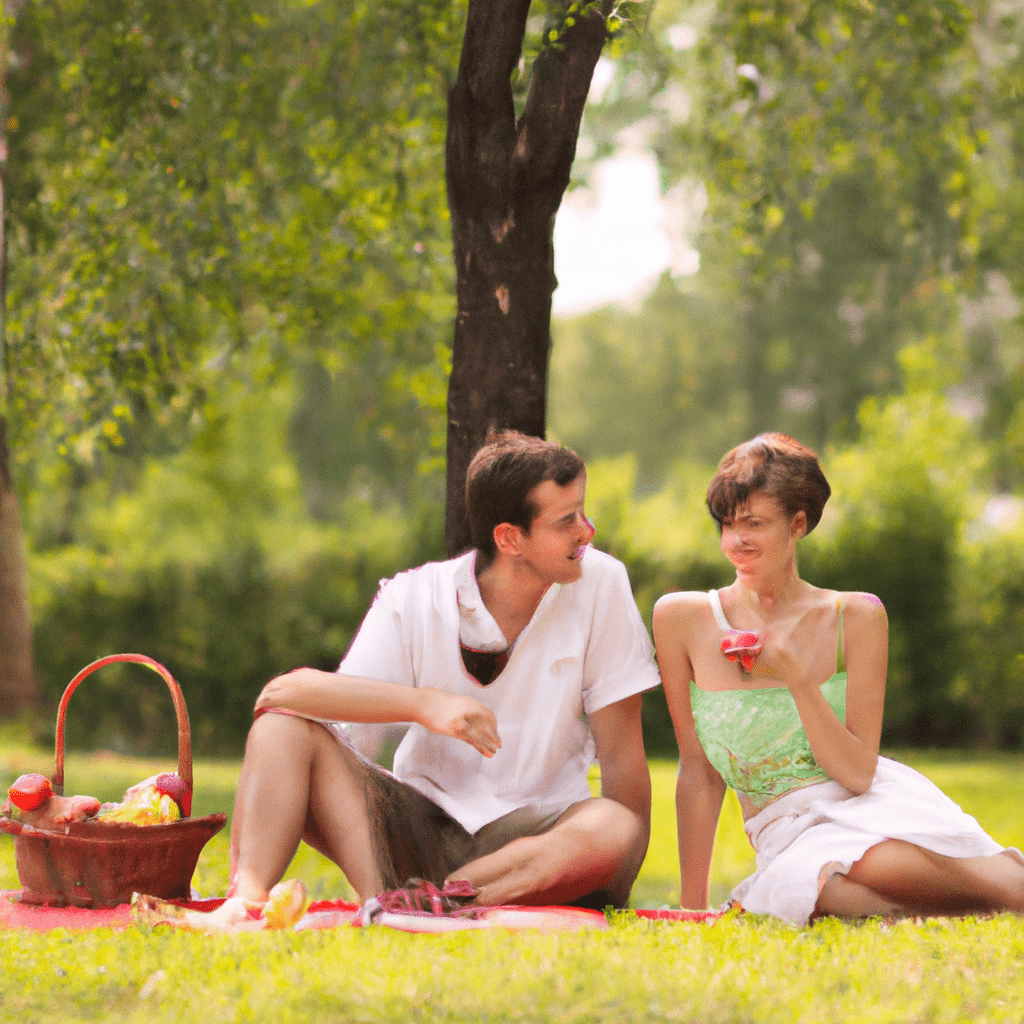 [Image: Couple enjoying a picnic in a peaceful park.]. Sigma 85 mm f/1.4. No text.