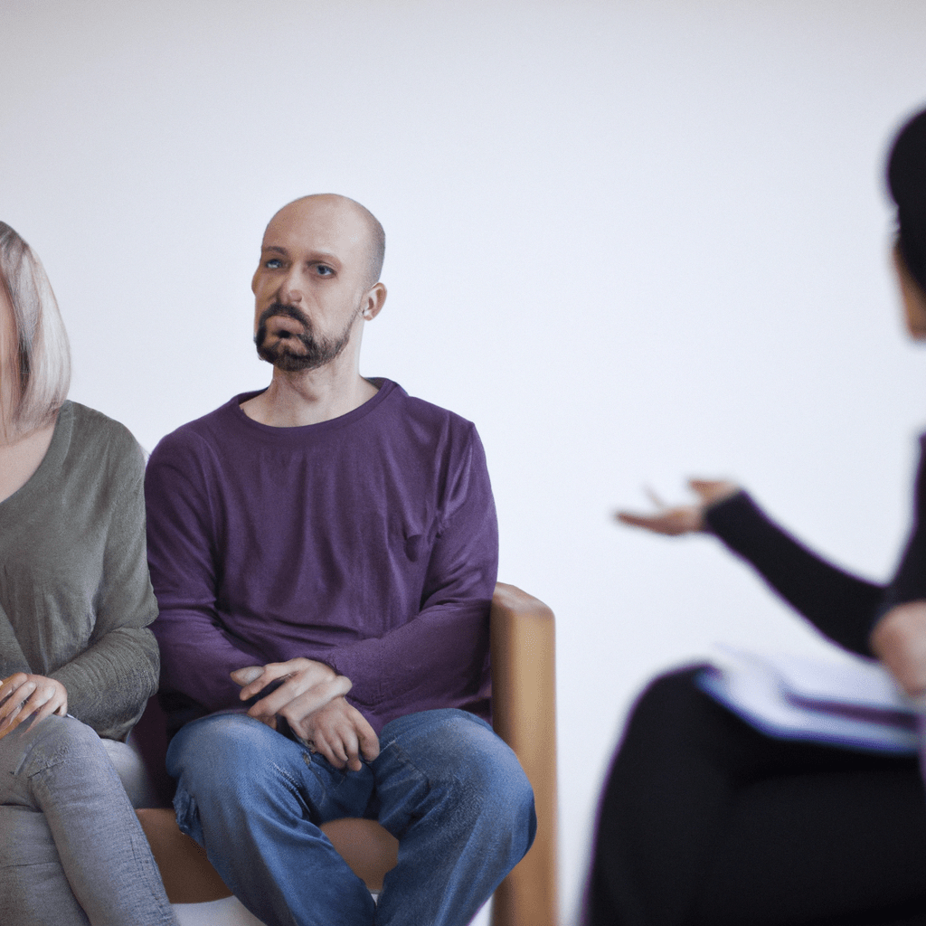 2 - [A photo of a couple in therapy, sitting facing each other and engaged in deep conversation with a professional therapist.]. Sigma 85 mm f/1.4. No text.. Sigma 85 mm f/1.4. No text.