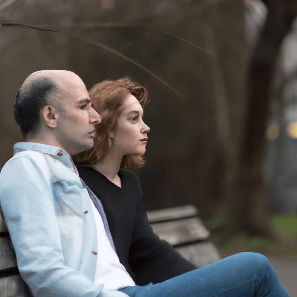 [A photo of a couple sitting on a park bench, looking distant and disconnected from each other.]. Sigma 85 mm f/1.4. No text.