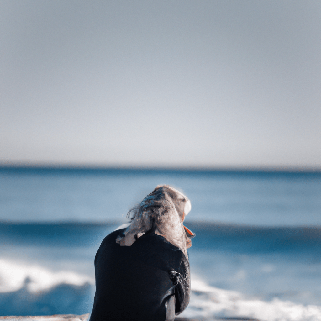 [Emotional support outside of relationships: a person sitting alone by the ocean, looking contemplative]. Sigma 85 mm f/1.4. No text.