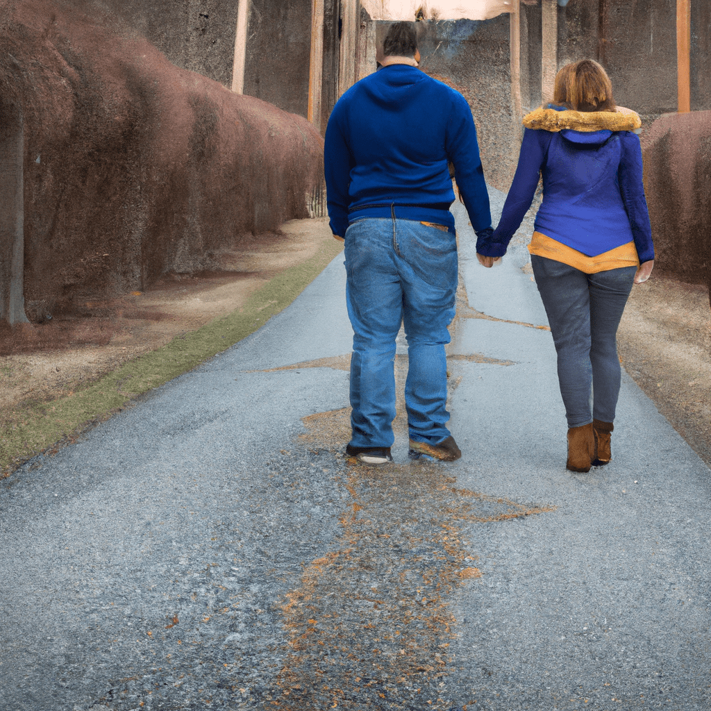 A photo of a couple holding hands and walking together, symbolizing their commitment to working on rebuilding trust after infidelity. Sigma 85 mm f/1.4. No text.. Sigma 85 mm f/1.4. No text.
