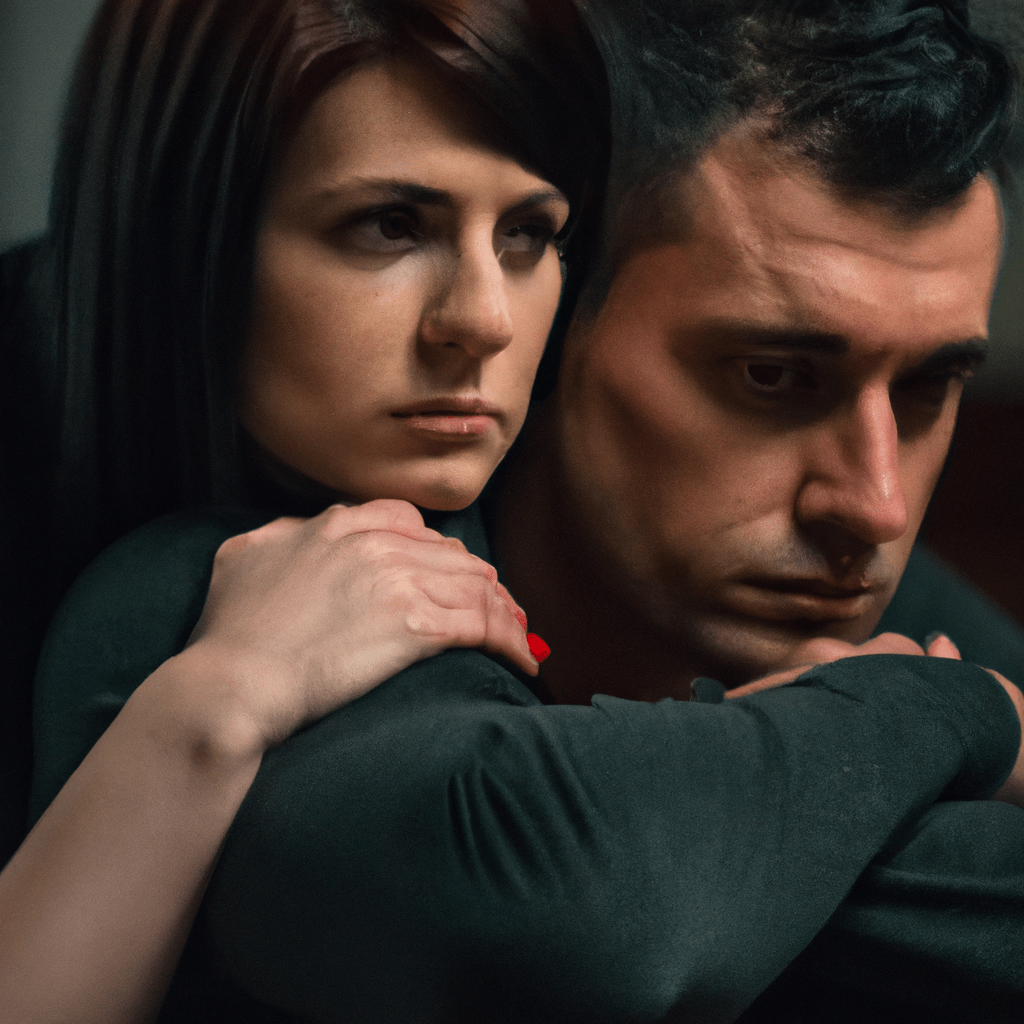 A photo of a couple sitting in silence, their eyes filled with regret and longing. The image captures the emotional aftermath of infidelity, highlighting the deep sense of loss and disconnection in their relationship. Sigma 85mm f/1.4. No text.. Sigma 85 mm f/1.4. No text.