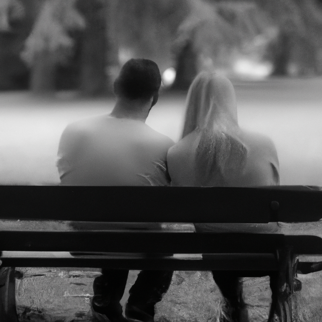 2 - [A couple sitting on a park bench, their backs turned towards each other, reflecting the disappointment and betrayal they feel.] Canon 50mm f/1.8. No text.. Sigma 85 mm f/1.4. No text.
