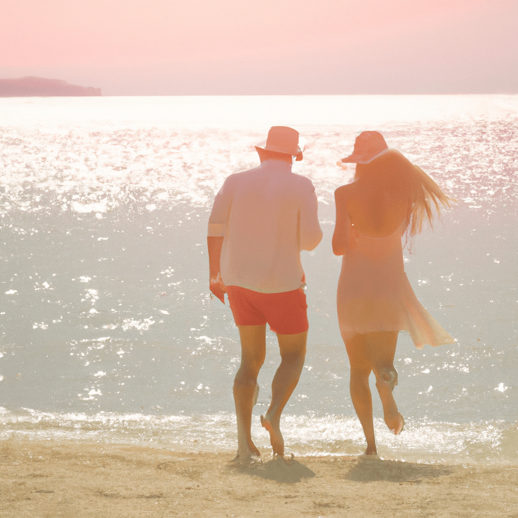[ A couple enjoying a romantic getaway on a tropical beach, seeking adventure and excitement outside their routine. ]. Sigma 85 mm f/1.4. No text.