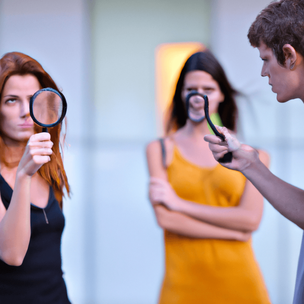 [Image: A woman holding a magnifying glass, observing a couple interacting suspiciously.]. Sigma 85 mm f/1.4. No text.