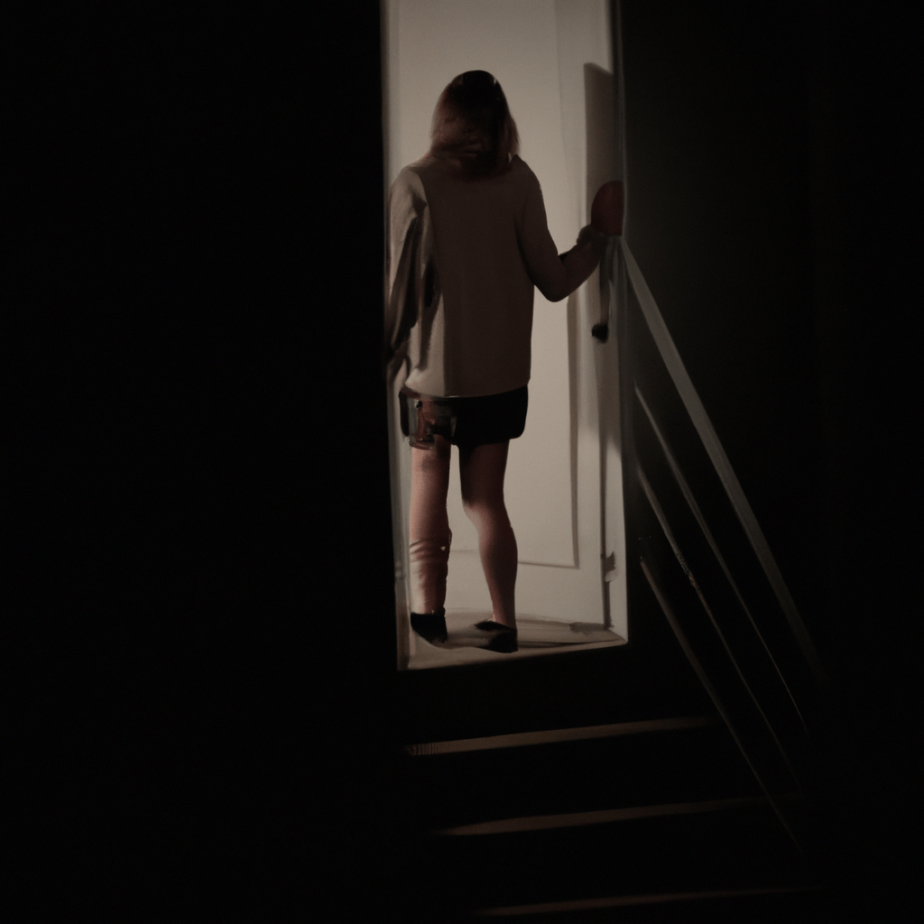 [An image of a woman sneaking out of the back door in the dark.]. Sigma 85 mm f/1.4. No text.