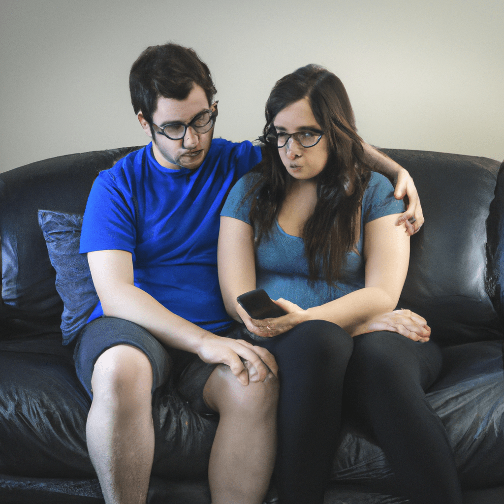 2 - A couple sitting on a couch, one person holding their phone with a worried expression while the other tries to console them [ ].. Canon 50 mm f/1.8. No text.. Sigma 85 mm f/1.4. No text.