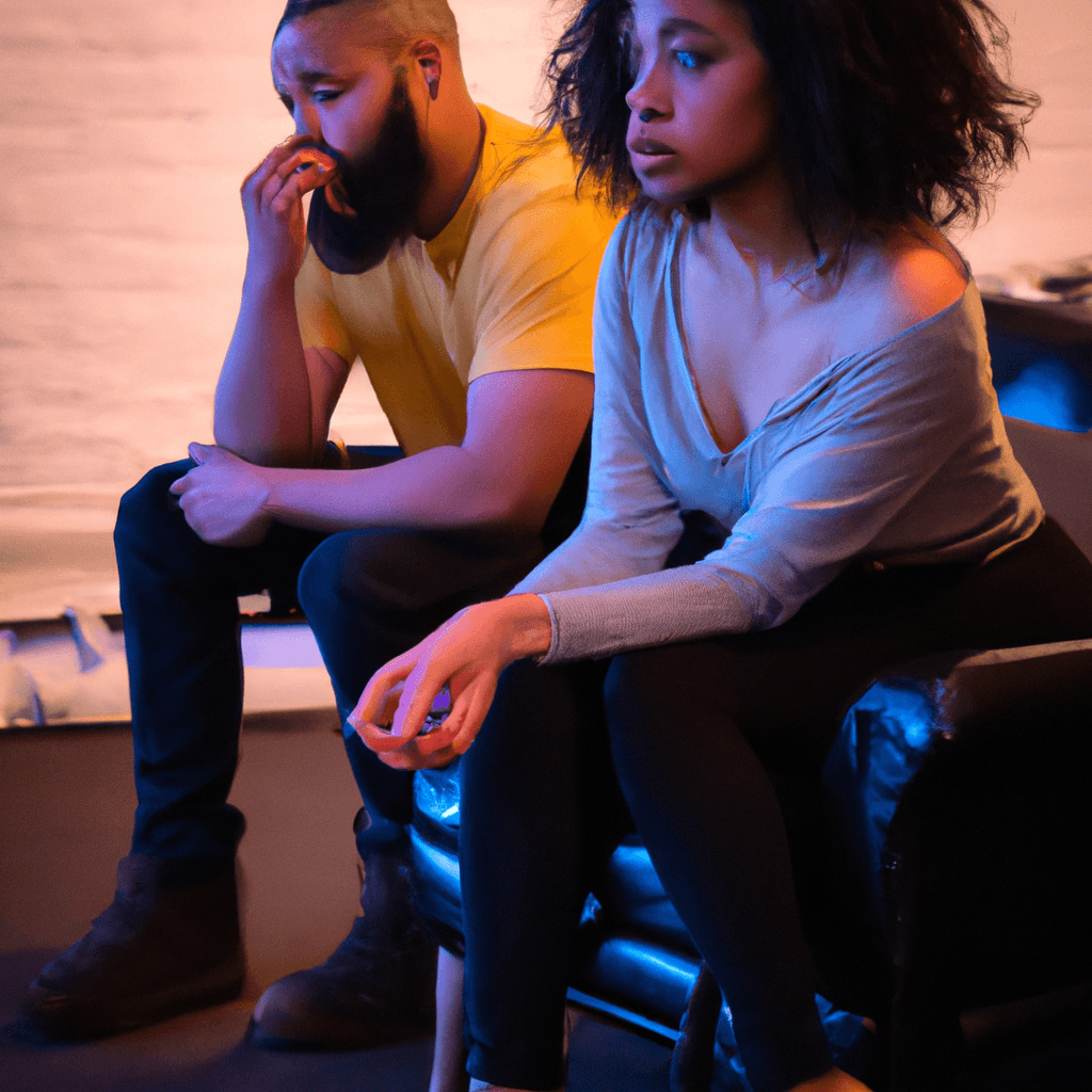 A photo of a couple sitting separately, deep in thought and contemplating their rational decision to end their relationship after a long-term affair. Canon 50mm f/1.8. No text.. Sigma 85 mm f/1.4. No text.