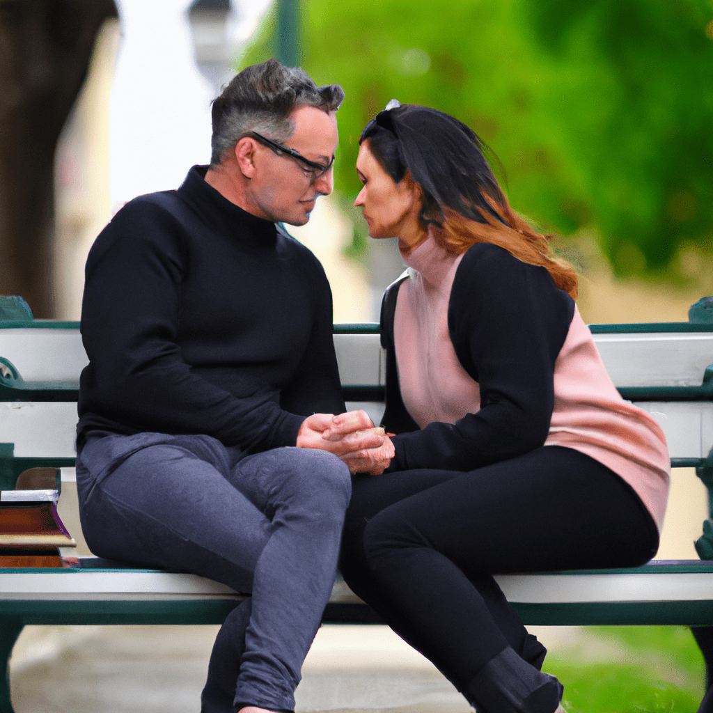 2 - [Popis obrázku]: A couple sitting on a park bench, holding hands and looking into each other's eyes, finding comfort and healing after infidelity. #rebuildingtogether #loveafterbetrayal #newbeginnings. Nikon D750. No text.. Sigma 85 mm f/1.4. No text.