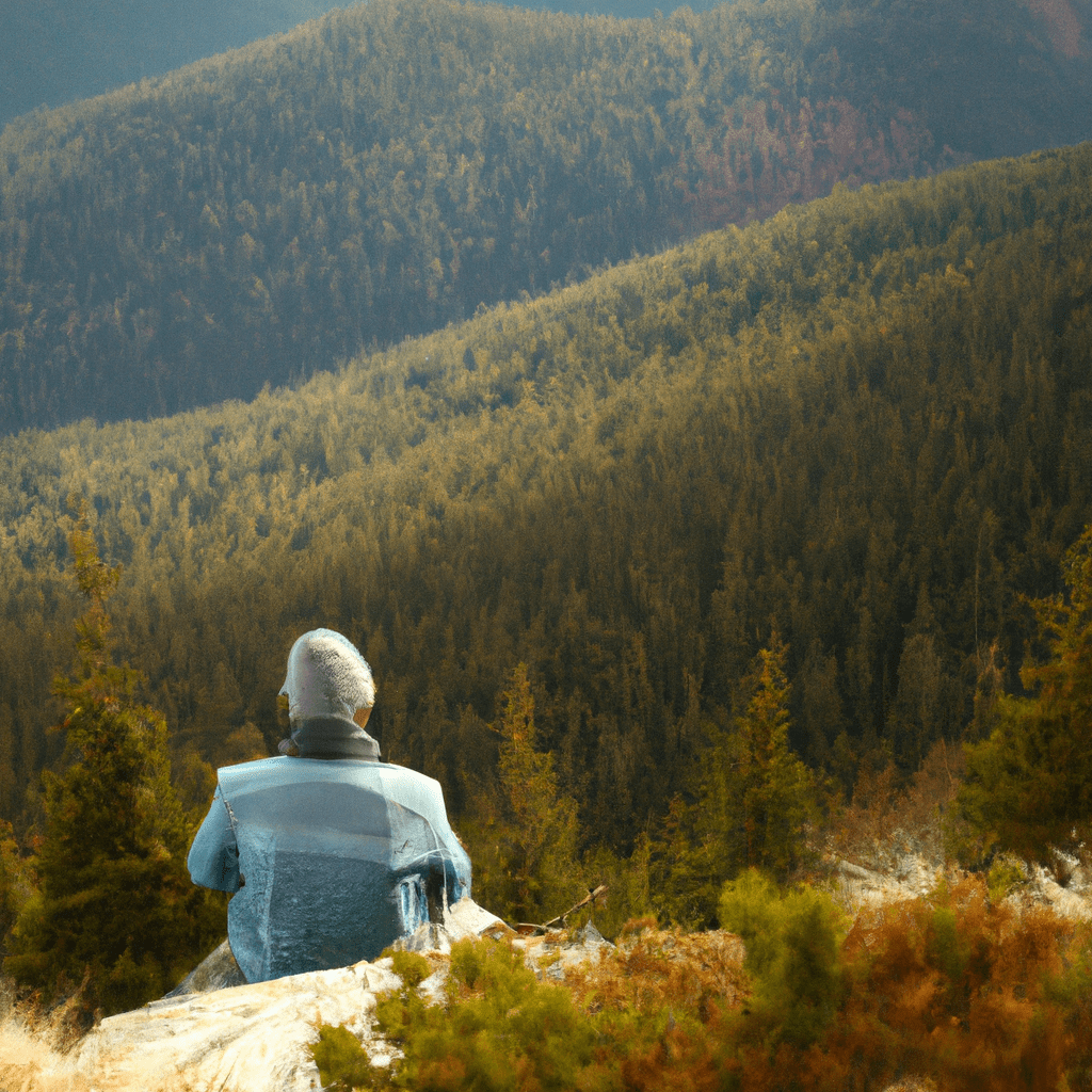 2 - PHOTO: A man sitting alone on a mountain peak, seeking validation and adventure beyond his relationship. Nikon 50 mm f/1.8. No text.. Sigma 85 mm f/1.4. No text.
